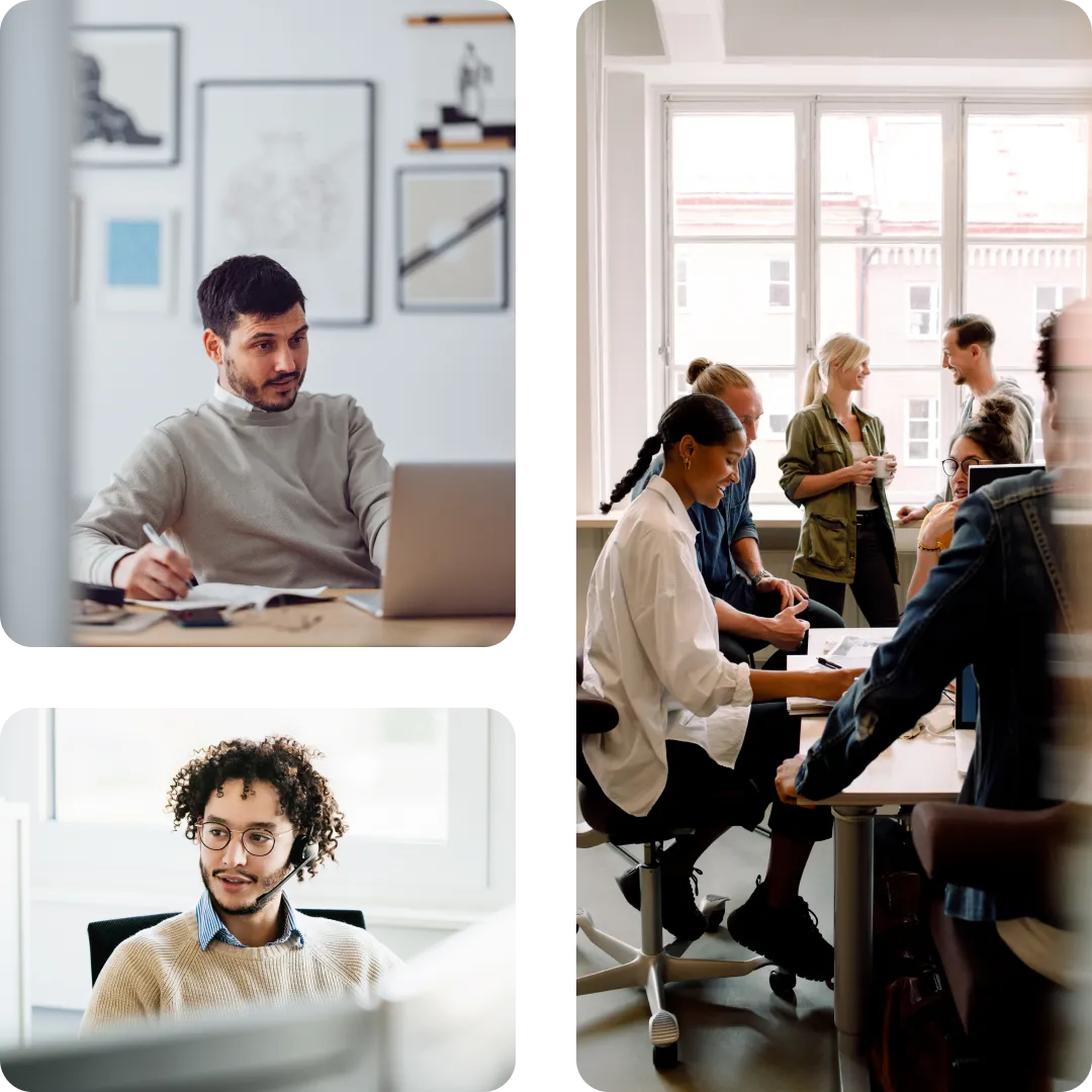 Office scene with coworkers at table, on laptop, on phone call.